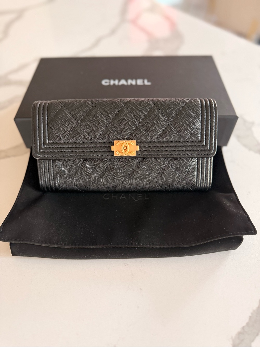 CHANEL Black Quilted Leather Boy Wallet with Gold Hardware